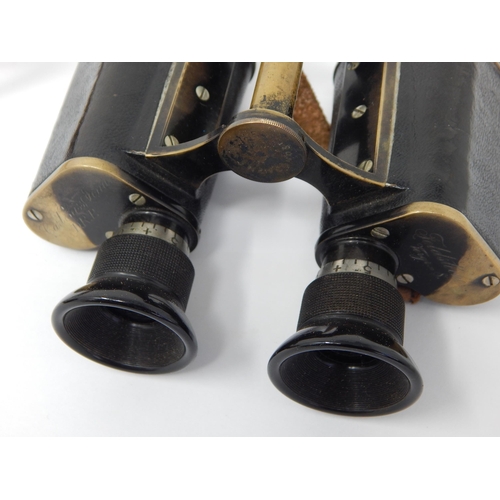 575 - WWI: Pair of Carl Zeiss Jena D.R.P Feldstecher Vergr Brass & Leather Covered Binoculars with Brass P... 