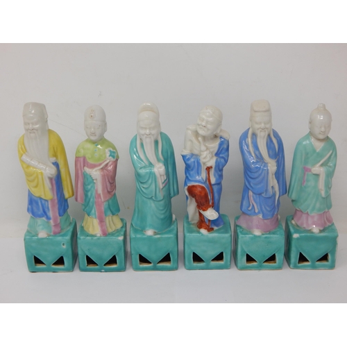 678 - Set of Six C19th Chinese Figures of Immortals in Bright Coloured Glazes with Blanc de Chine Heads: E... 