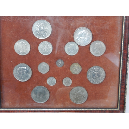 211 - Framed Collection of coins including an 1896 silver dollar together with banknotes, crowns, pre-deci... 