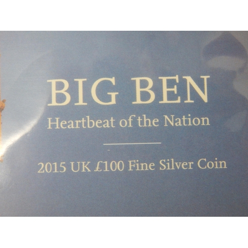 110 - Big Ben Heartbeat of the Nation 2015 UK £100 Fine Silver Coin about as struck and housed in Royal Mi... 