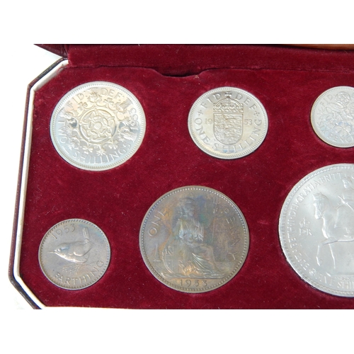 85 - Elizabeth II Coronation Proof Set of coins in Red Maroon Royal Mint case of issue, proofs about as s... 