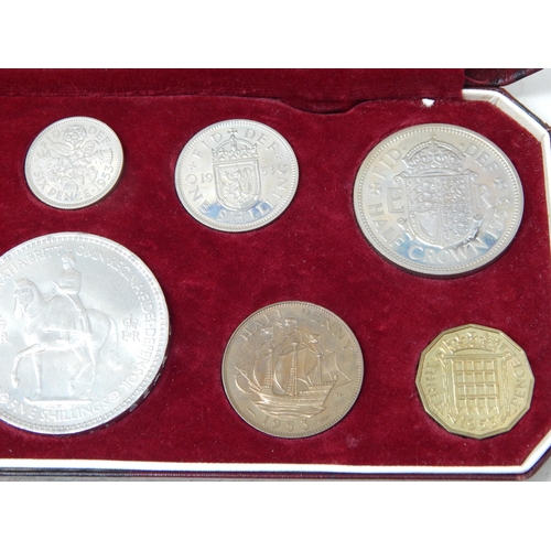 85 - Elizabeth II Coronation Proof Set of coins in Red Maroon Royal Mint case of issue, proofs about as s... 