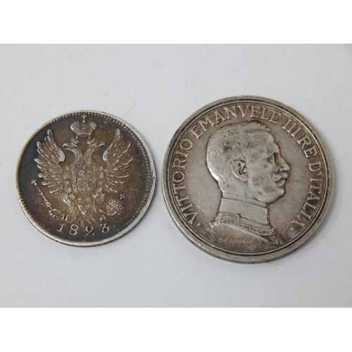 86 - Russia Alexander I 20 Kopeks 1823, Scarce; Italy Silver 2 Lire 1916, both Very Fine or better