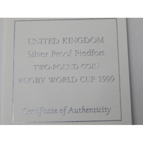 90 - Royal Mint Silver proof piedfort two pound coin: Rugby World Cup 1999 in case of issue with COA.