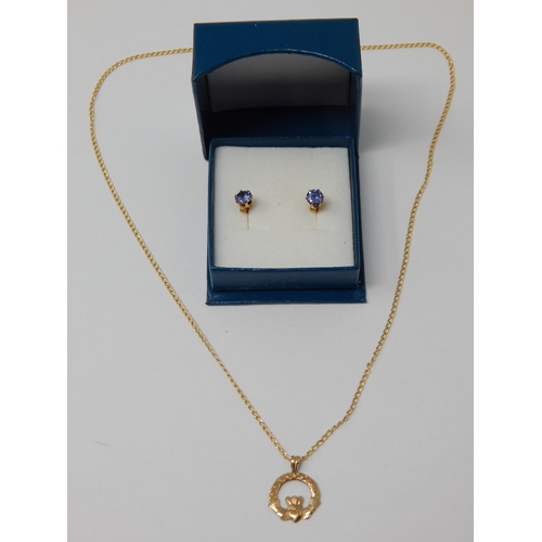 308 - 9ct Yellow Gold Claddagh Pendant on 9ct Gold Chain together with a pair of 9ct Gold Gem Set Earrings... 