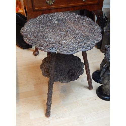 608 - Antique Indian Carved Wood table with Intricately Carved Top & Under Tier on Three Legs: Measures 56... 