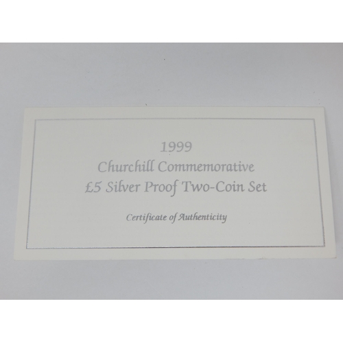 204 - Royal Mint 1999 Churchill Commemorative £5 Silver Proof Two Coin Set in Case of Issue with COA & Pur... 