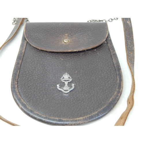 591 - Gordon Highlanders Leather Sporran with Silver Coloured Badge & Chained Strap. Leather Impressed 