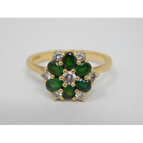 254 - 18ct Yellow Gold Flowerhead Ring Set with a Central Diamond within an Emerald & Diamond Border. Ring... 