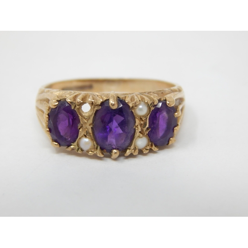 265 - 9ct Yellow Gold Ring Set with Amethysts & Pearls (One Pearl Vacant) Ring Size K: Gross weight 2.9g