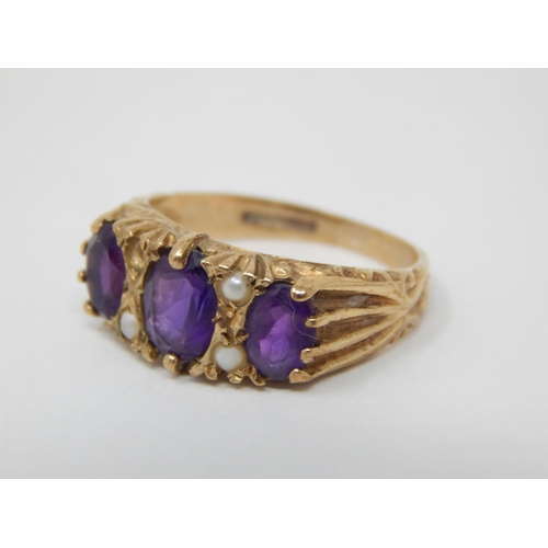 265 - 9ct Yellow Gold Ring Set with Amethysts & Pearls (One Pearl Vacant) Ring Size K: Gross weight 2.9g