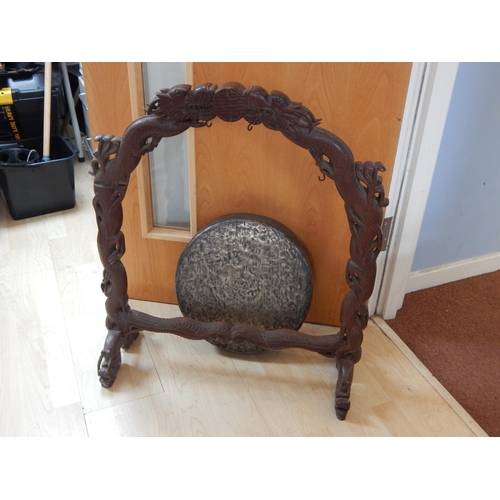 674 - Antique Chinese Gong with Carved Wooden Floor Standing Frame depicting Dragons with Beaten Bronze Go... 