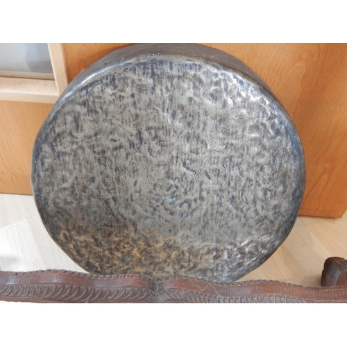 674 - Antique Chinese Gong with Carved Wooden Floor Standing Frame depicting Dragons with Beaten Bronze Go... 