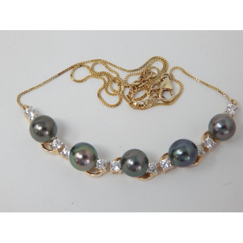 276 - Gold Set Tahitian Pearl & White Zircon Necklace: Pearls 8mm: White Zircon 2.06cts: Gold Weight 6.61g