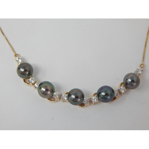 276 - Gold Set Tahitian Pearl & White Zircon Necklace: Pearls 8mm: White Zircon 2.06cts: Gold Weight 6.61g