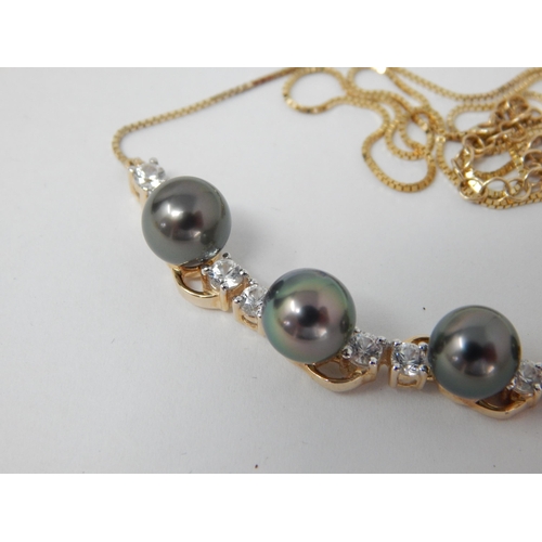 276 - Gold Set Tahitian Pearl & White Zircon Necklace: Pearls 8mm: White Zircon 2.06cts: Gold Weight 6.61g