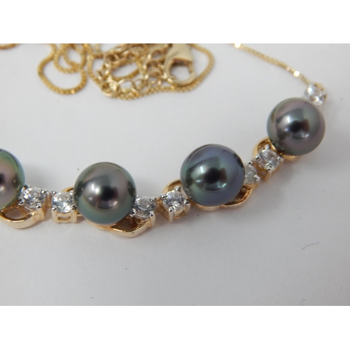 276 - Gold Set Tahitian Pearl & White Zircon Necklace: Pearls 8mm: White Zircon 2.06cts: Gold Weight 6.61g