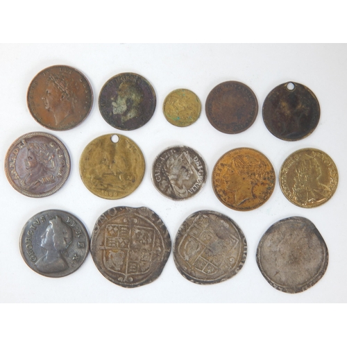 Charles II Maundy Fourpence 1678; 3 x Charles I Hammered Silver Shillings; Anne Retro "Pattern" Farthing 1714; Prince of Wales Model Half Sovereign; Model Quarter Sovereign; George II Copper Farthing 1735; other misc coins(6) inc Half Farthing, etc (lot)