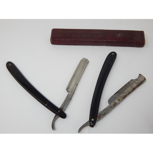 160 - Vintage Geo. Wostenholm & Son straight razor; twinned with another vintage razor both in their origi... 