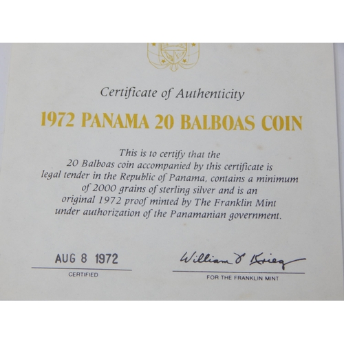 161 - Republic of Panama 20 Balboas Proof Silver coin 1972 contains 2000 grains of Sterling Silver cased w... 