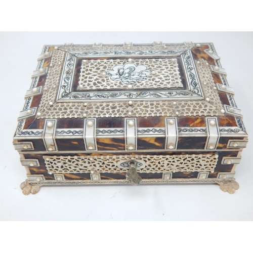 670 - Anglo Indian Vizagapatam Ivory & Tortoiseshell Jewellery Casket c.1920 with red velvet Interior, Sta... 