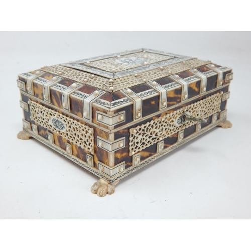 670 - Anglo Indian Vizagapatam Ivory & Tortoiseshell Jewellery Casket c.1920 with red velvet Interior, Sta... 