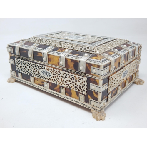 670 - Anglo Indian Vizagapatam Ivory & Tortoiseshell Jewellery Casket c.1920 with red velvet Interior, Sta... 