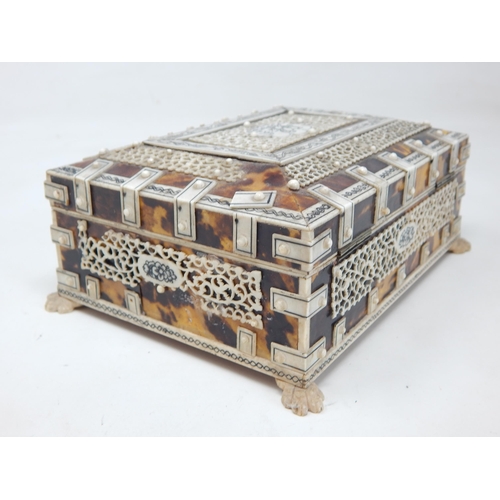 670 - Anglo Indian Vizagapatam Ivory & Tortoiseshell Jewellery Casket c.1920 with red velvet Interior, Sta... 