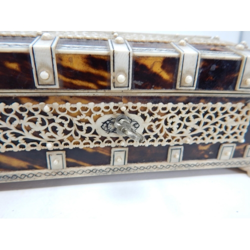 670 - Anglo Indian Vizagapatam Ivory & Tortoiseshell Jewellery Casket c.1920 with red velvet Interior, Sta... 