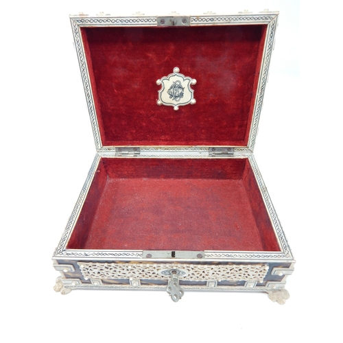 670 - Anglo Indian Vizagapatam Ivory & Tortoiseshell Jewellery Casket c.1920 with red velvet Interior, Sta... 