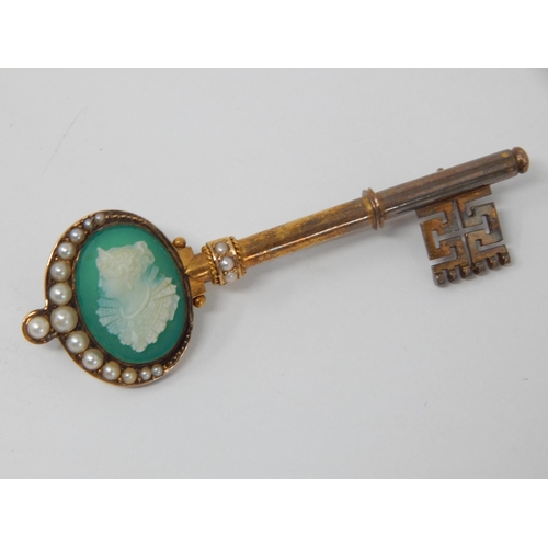 143 - A Victorian Yellow Metal Key Brooch with Inset Cameo & Seed Pearls.