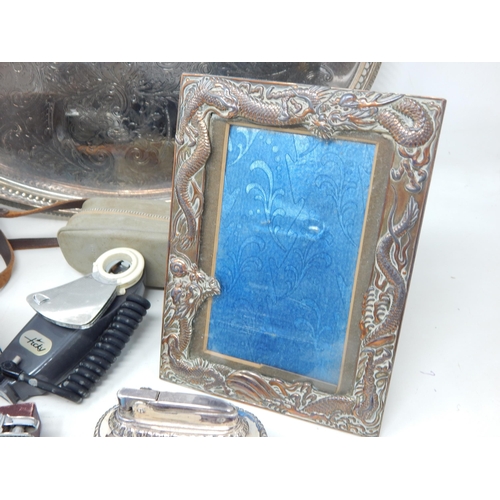 668 - Quantity of Items to Include a Dragon Decorated Photograph Frame. Silver Plated Gallery Tray, Ilford... 