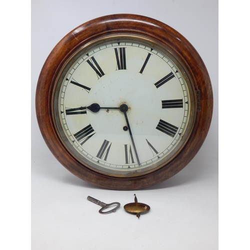 673 - Antique Mahogany Cased Station/Shop/School Clock, Complete with Pendulum & Key: 37cm Diameter overal... 