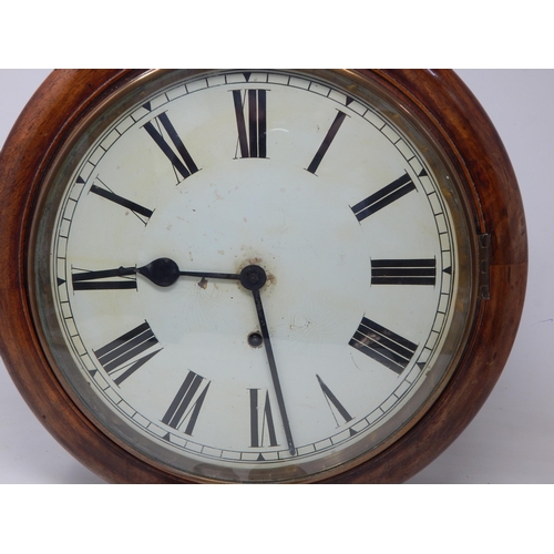 673 - Antique Mahogany Cased Station/Shop/School Clock, Complete with Pendulum & Key: 37cm Diameter overal... 