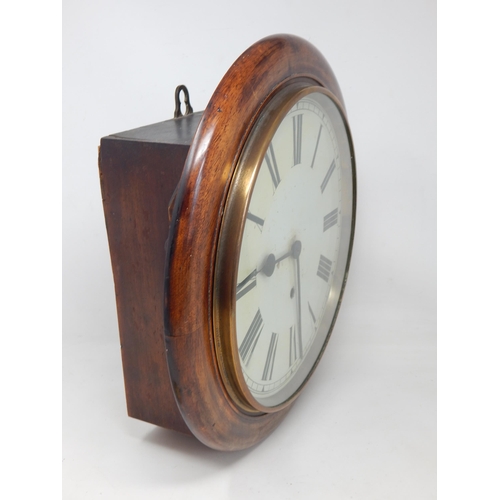 673 - Antique Mahogany Cased Station/Shop/School Clock, Complete with Pendulum & Key: 37cm Diameter overal... 