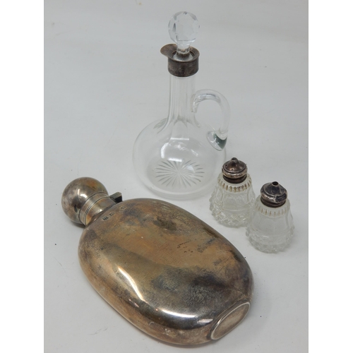 282 - Victorian Hallmarked Silver Hip Flask 176g A/F together with a Silver Mounted Oil Decanter & Salts.