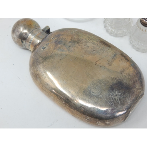 282 - Victorian Hallmarked Silver Hip Flask 176g A/F together with a Silver Mounted Oil Decanter & Salts.