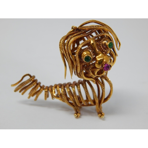 278 - Yellow Metal Pendant Figure of a Temple Dog with Emerald Cabochon Eyes & Ruby Nose, Marked 14k (7.8g... 