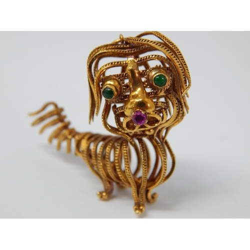 278 - Yellow Metal Pendant Figure of a Temple Dog with Emerald Cabochon Eyes & Ruby Nose, Marked 14k (7.8g... 