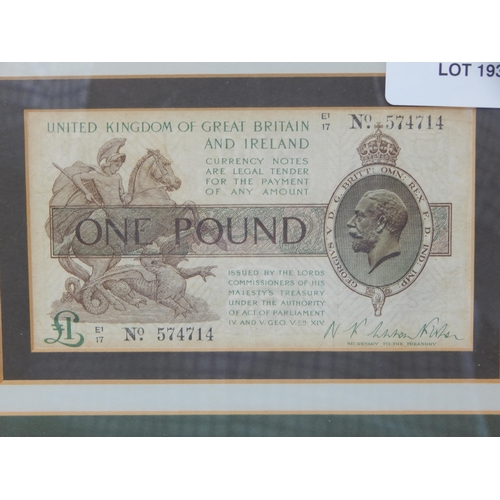 193 - UK King George V Warren Fisher Pound Note housed in display frame