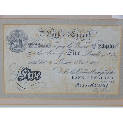 195 - Bank of England White Five Pound note dated 11 February 1924 housed in display frame