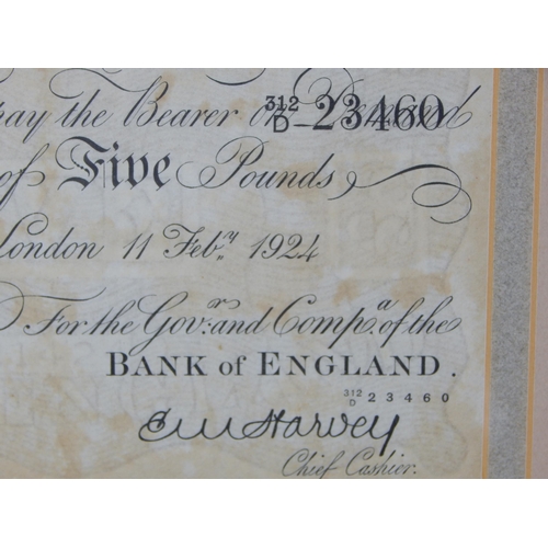 195 - Bank of England White Five Pound note dated 11 February 1924 housed in display frame