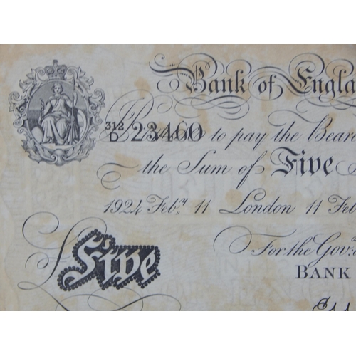 195 - Bank of England White Five Pound note dated 11 February 1924 housed in display frame