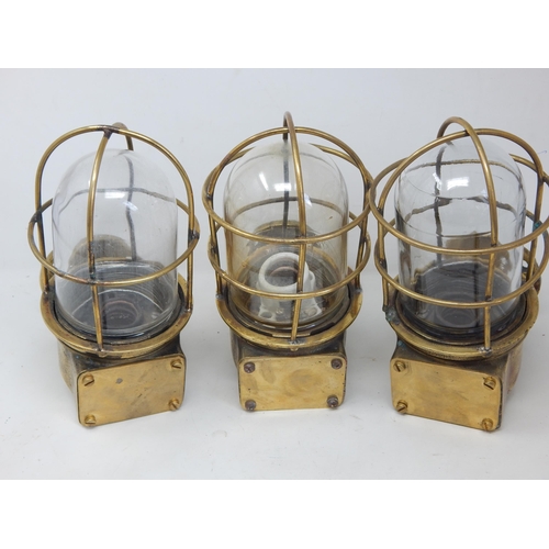 969 - WWII: 3 x Japanese Heavy Cast Brass Ships Bulkhead Lights: OSAKA TOKUSHU GLASS.