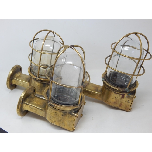 969 - WWII: 3 x Japanese Heavy Cast Brass Ships Bulkhead Lights: OSAKA TOKUSHU GLASS.