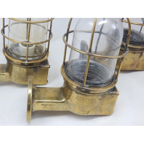 969 - WWII: 3 x Japanese Heavy Cast Brass Ships Bulkhead Lights: OSAKA TOKUSHU GLASS.