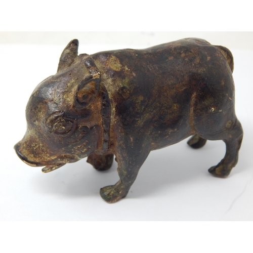 980 - Antique Bronze Figure of a Boar with Bell around his neck: Wonderful patina. Measures 9cm wide