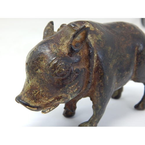 980 - Antique Bronze Figure of a Boar with Bell around his neck: Wonderful patina. Measures 9cm wide