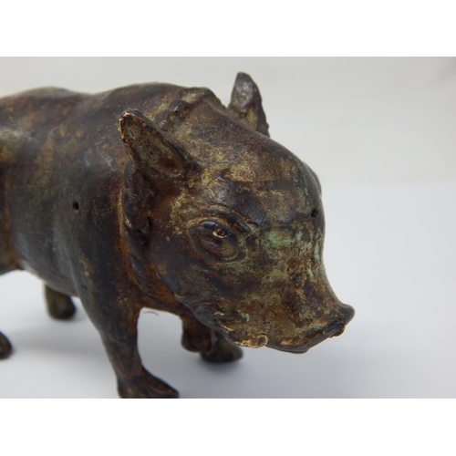 980 - Antique Bronze Figure of a Boar with Bell around his neck: Wonderful patina. Measures 9cm wide