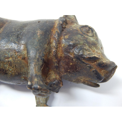 980 - Antique Bronze Figure of a Boar with Bell around his neck: Wonderful patina. Measures 9cm wide